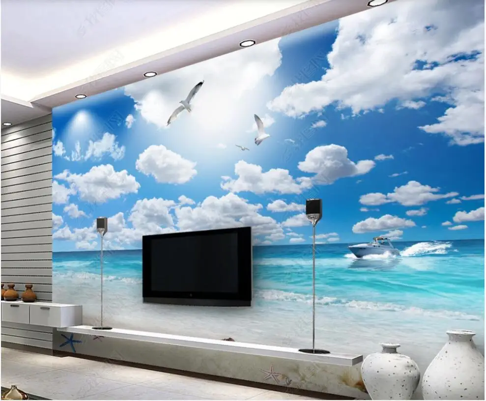 Vlastné nástenné 3d foto tapety Modrú oblohu a biele oblaky seascape beach domova v obývacej izbe tapety na steny 3 d