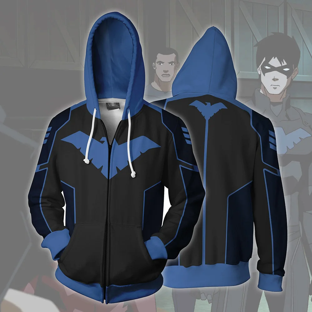 2019 Nové Jeseň Zima Muž 3D Tlač Nightwing Cosplay Zips s Kapucňou, Bunda s Kapucňou Oblečenie Halloween Party Prop