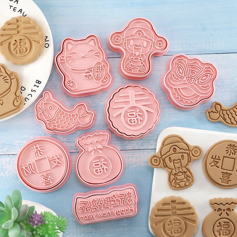 8Pcs/Set DIY Čínsky Nový rok Cartoon Biscuit Plesne Cookie Cutter 3D Stlačením Pečenie Plesne Jarný Festival Zdobenie Nástroje 1