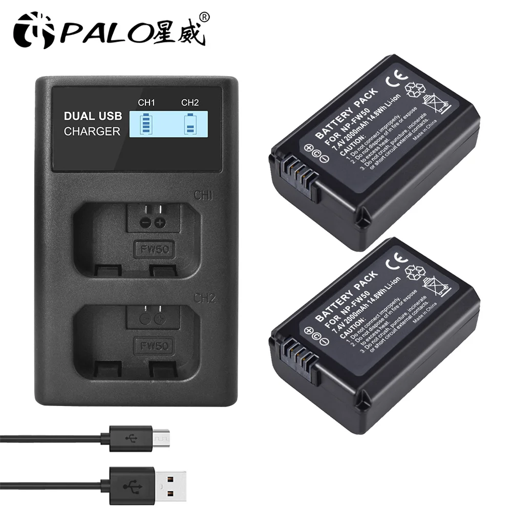 PALO 2000mAh NP-FW50 NP FW50 Batérie + LCD USB Duálna Nabíjačka pre Sony Alpha a6500 a6300 a7 7R a7R a7R II a7II NEX-3 A NEX-3N NEX-5