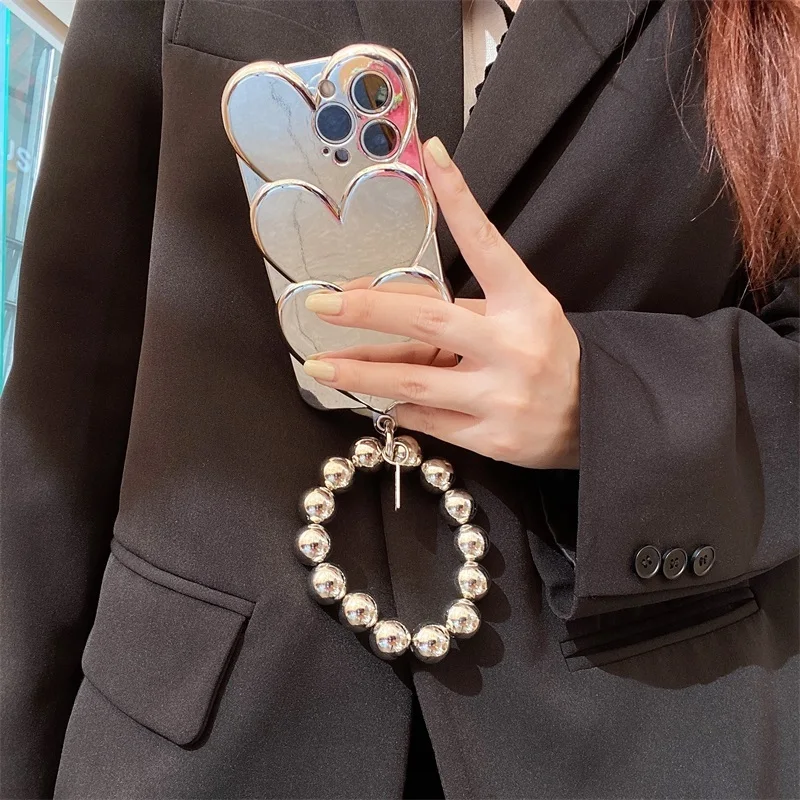 Kórea Pokovovanie 3D Veľká Láska Srdce Telefón puzdro Pre IPhone 13 Pro Max 11 12 Luxusné Zápästie Reťazca Korálky Náramok Shockproof Kryt 4